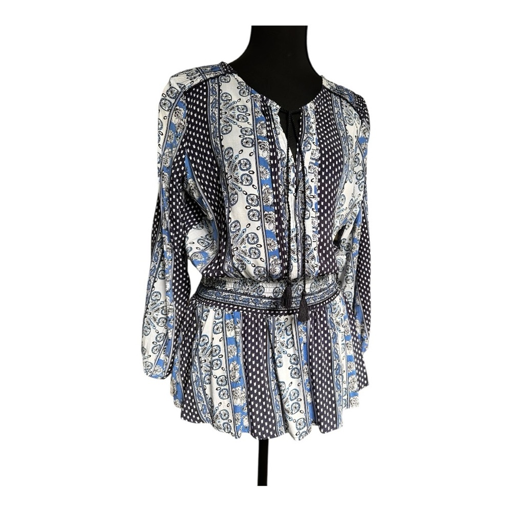 Women's Blue & White Printed Tie-Waist Peasant Top